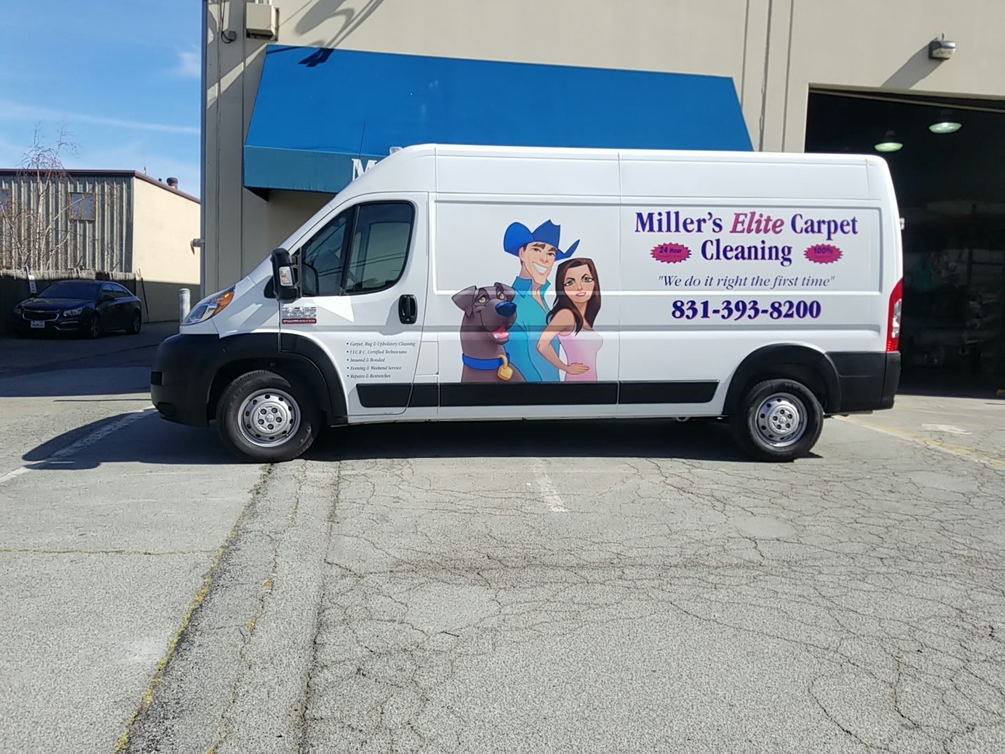 miller's elite cleaning van with cartoon craig, sharon and Diesel
